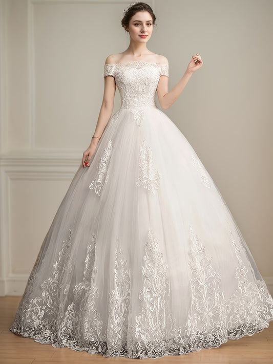 alalar Ladies' Light Luxury Off-Shoulder Wedding Dress- فستان عرس راقي