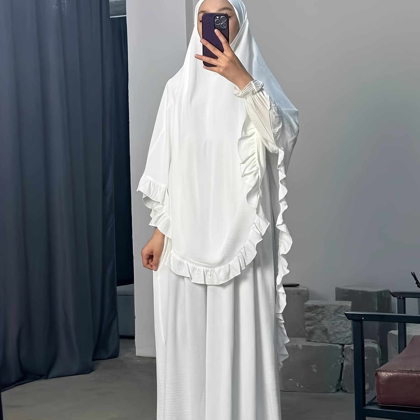 alalar- Middle East Dubai Two-Piece Set Solid Color Loose Abaya with Long Scarf for Women-عباية الحج والعمرة