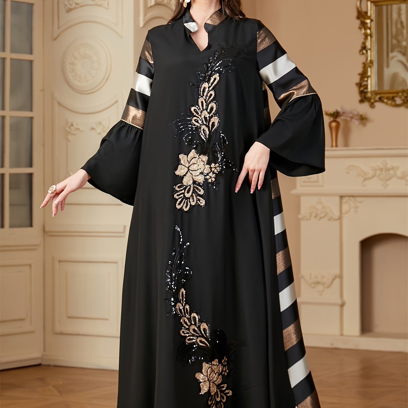 alalar | Ramadan Dubai Petal Sleeve Abaya – Black & Gold Sequin Floral Modest Dress