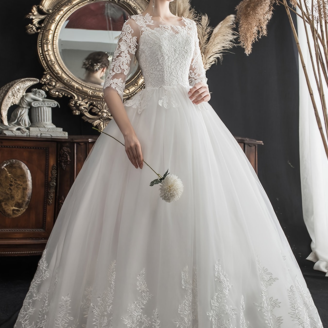 alalar-Plus Size - Plus Size, Plus Size -Line White Wedding Dress with Lace Embroidery -فستان عرس بحجم كبير