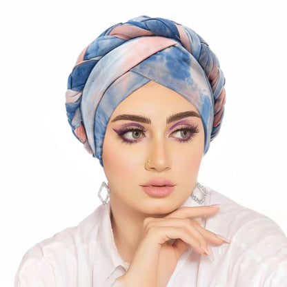 Women's Middle Eastern-Inspired Tie-Dye Headscarf - Gradient Orange to Pink Soft Non-Elastic Fabric with Intricate Tying, Turquoise Blue & Pastel Pink Marbled Pattern for Casual & Formal Wear, Versatile Cultural Fashion Acces