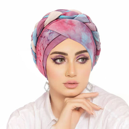 Women's Middle Eastern-Inspired Tie-Dye Headscarf - Gradient Orange to Pink Soft Non-Elastic Fabric with Intricate Tying, Turquoise Blue & Pastel Pink Marbled Pattern for Casual & Formal Wear, Versatile Cultural Fashion Acces