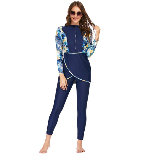 alalar | 3-Piece Modest Patchwork Burkini Swimsuit – Sporty Long-Sleeve Swimwear with Hijab