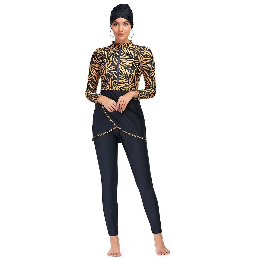 alalar | 3-Piece Modest Patchwork Burkini Swimsuit – Sporty Long-Sleeve Swimwear with Hijab