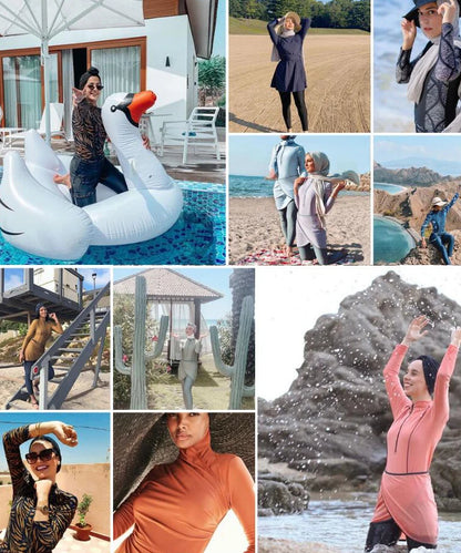 alalar | 3-Piece Modest Patchwork Burkini Swimsuit – Sporty Long-Sleeve Swimwear with Hijab