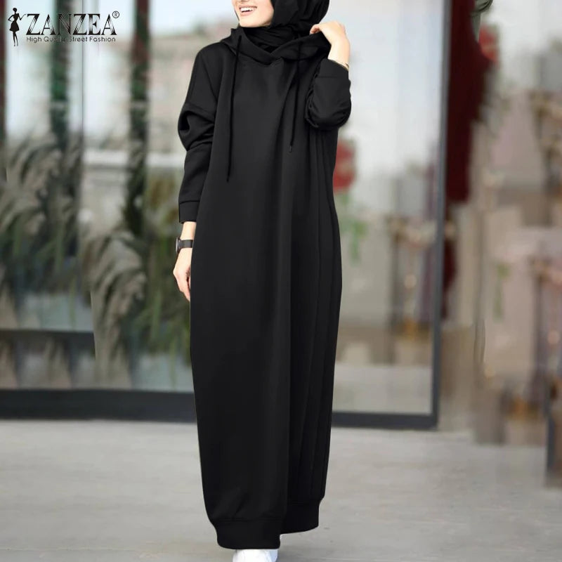 alalar | Winter Hooded Maxi Hoodie Dress – Long Sleeve Casual Pullover with Drawstring