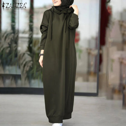alalar | Winter Hooded Maxi Hoodie Dress – Long Sleeve Casual Pullover with Drawstring