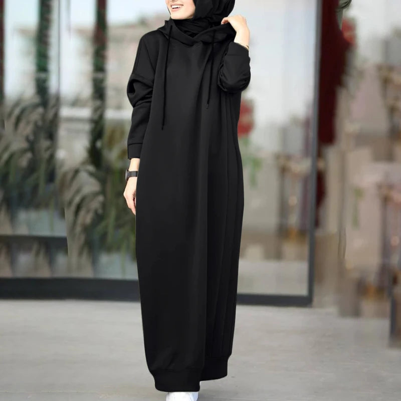 alalar | Winter Hooded Maxi Hoodie Dress – Long Sleeve Casual Pullover with Drawstring