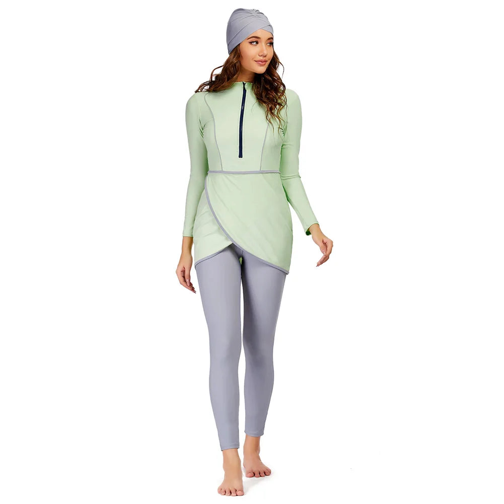 alalar | 3-Piece Modest Patchwork Burkini Swimsuit – Sporty Long-Sleeve Swimwear with Hijab