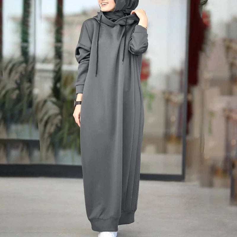 alalar | Winter Hooded Maxi Hoodie Dress – Long Sleeve Casual Pullover with Drawstring