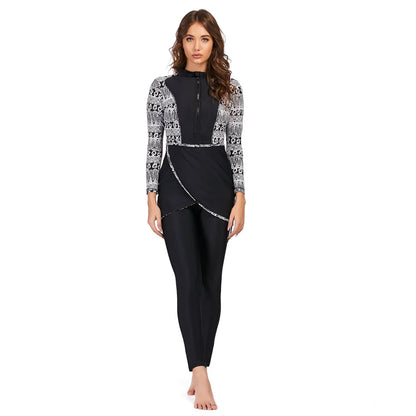 alalar | 3-Piece Modest Patchwork Burkini Swimsuit – Sporty Long-Sleeve Swimwear with Hijab