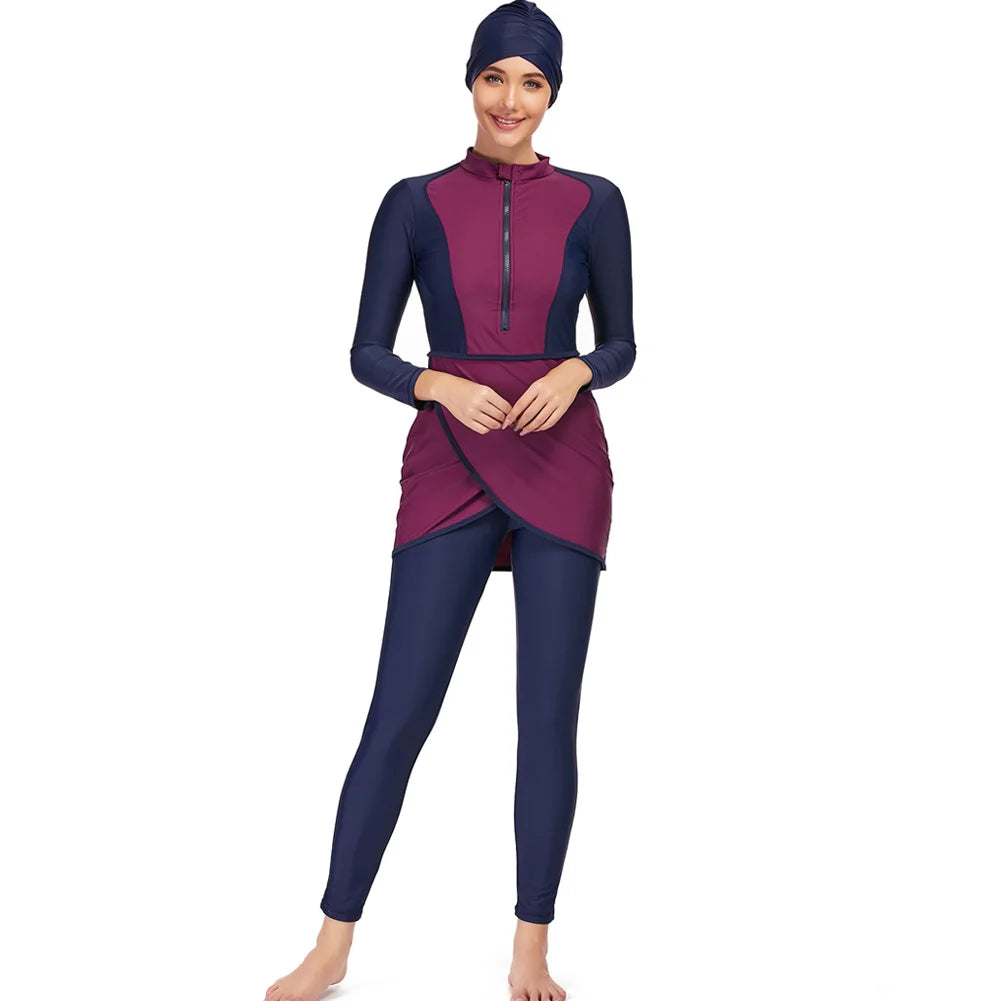 alalar | 3-Piece Modest Patchwork Burkini Swimsuit – Sporty Long-Sleeve Swimwear with Hijab