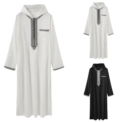ALALAR | Men’s Hooded Embroidered Abaya – Islamic Long Robe with Half Zipper Middle Eastern Jilbab for Eid