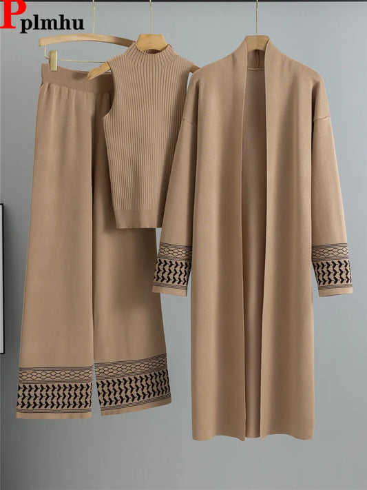 alalar | Korean Knit 3-Piece Set – Vest, Long Cardigan & Wide-Leg Pants