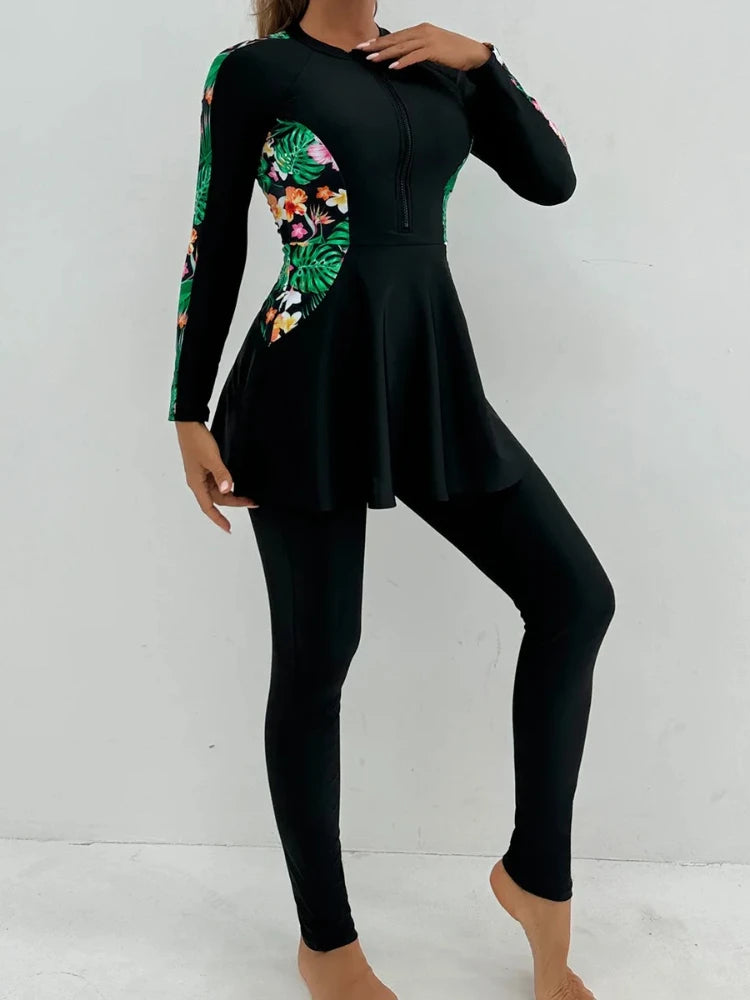 alalar | Modest Floral Patchwork Burkini – Long-Sleeve Zipper Swimwear Set (2025)