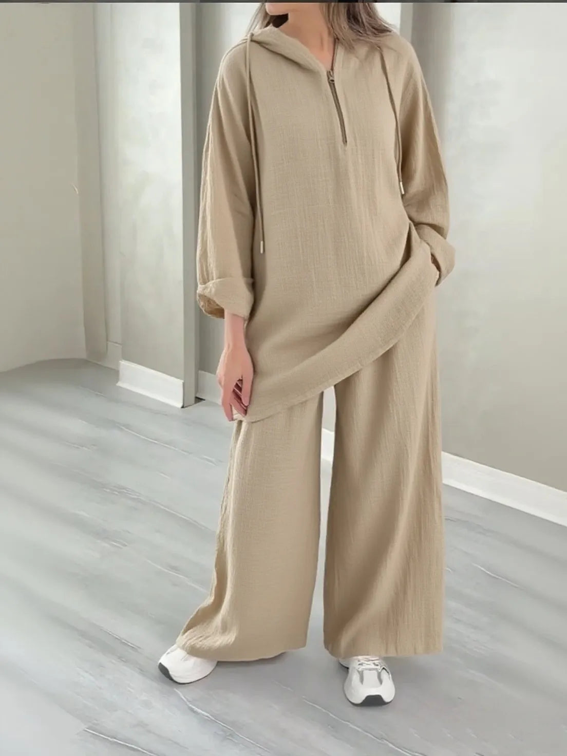 alalar| Hooded Half-zipper Top Wide-leg Pants Set Loose Casual 2-piece Set