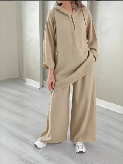 alalar| Hooded Half-zipper Top Wide-leg Pants Set Loose Casual 2-piece Set