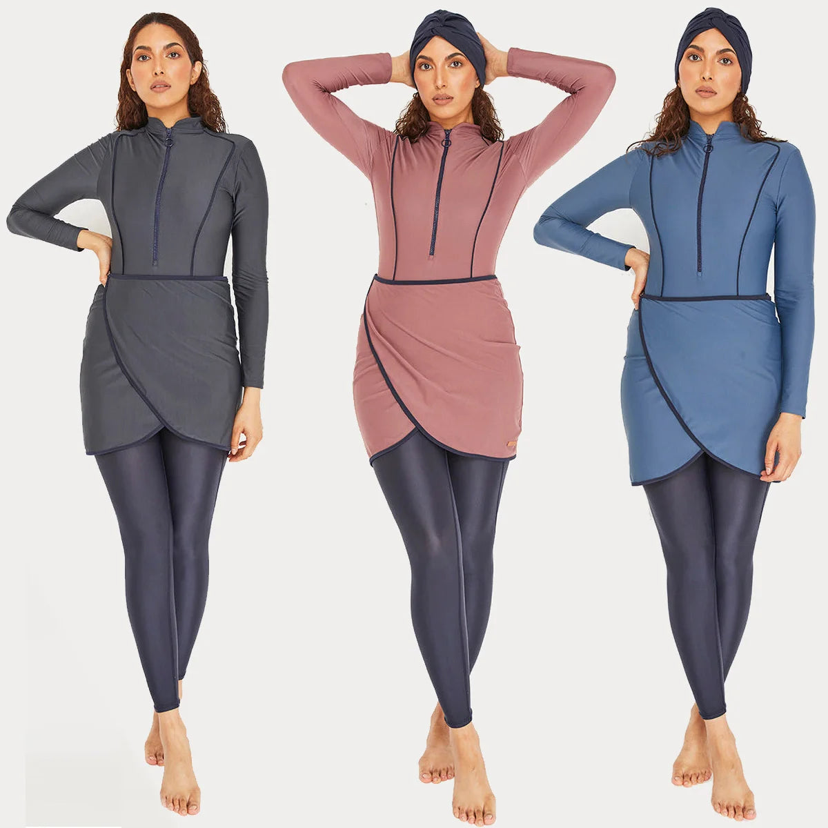 alalar | 3-Piece Modest Patchwork Burkini Swimsuit – Sporty Long-Sleeve Swimwear with Hijab