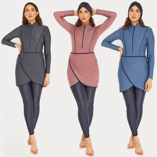 alalar | 3-Piece Modest Patchwork Burkini Swimsuit – Sporty Long-Sleeve Swimwear with Hijab