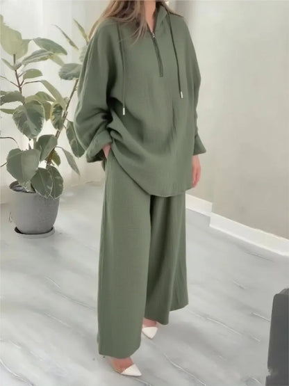 alalar| Hooded Half-zipper Top Wide-leg Pants Set Loose Casual 2-piece Set