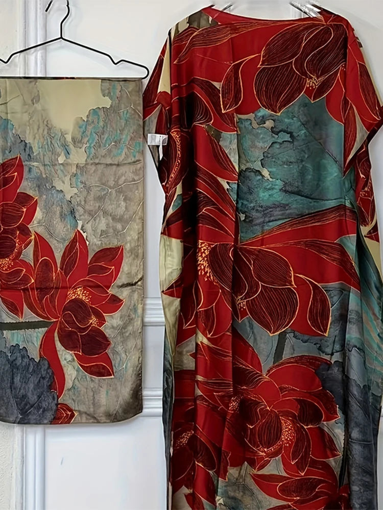 alalar-Scarf-Abaya Muslim Abayas For Women 2025 New Printed Silk Soft Loose Femme Elegant Robe African Maxi Party Dresses With Belt Turban