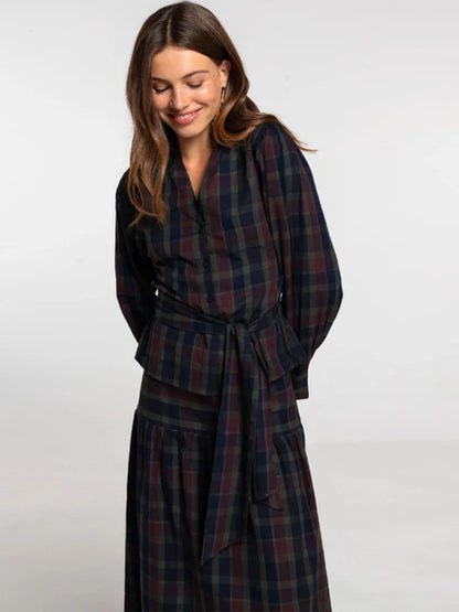 alalar | Elegant Pleated Checkered Two-Piece Suit – Lantern Sleeve Office Set (Autumn 2025)