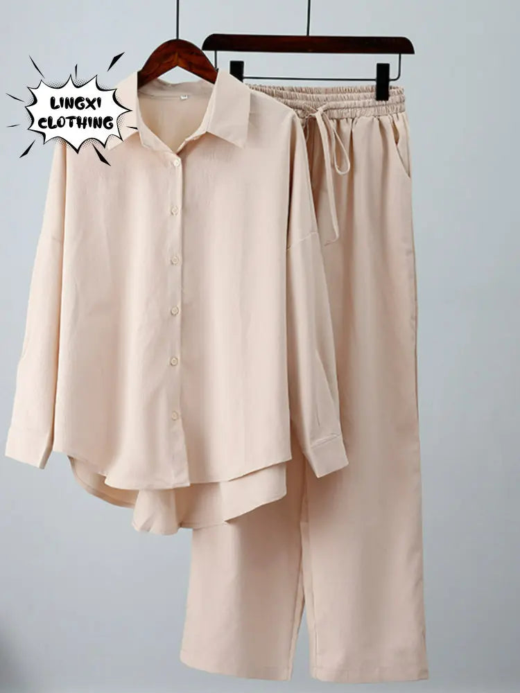 alalar | Summer Loose Two-Piece Set – Wrinkle Shirt & Wide-Leg Pants (Lightweight & Modest)