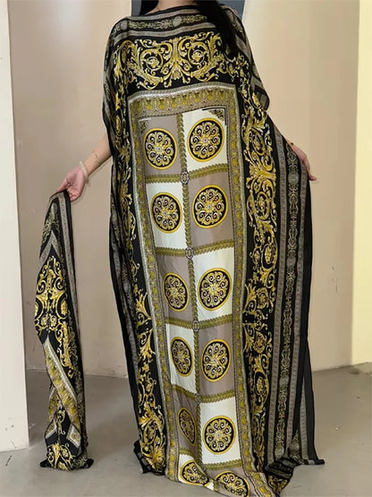 alalar-Scarf-Abaya Muslim Abayas For Women 2025 New Printed Silk Soft Loose Femme Elegant Robe African Maxi Party Dresses With Belt Turban