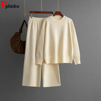 alalar | Knit Sweater & High-Waist Pants Set – O-Neck Long Sleeve Winter Outfit