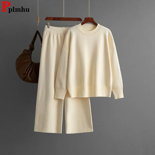 alalar | Knit Sweater & High-Waist Pants Set – O-Neck Long Sleeve Winter Outfit