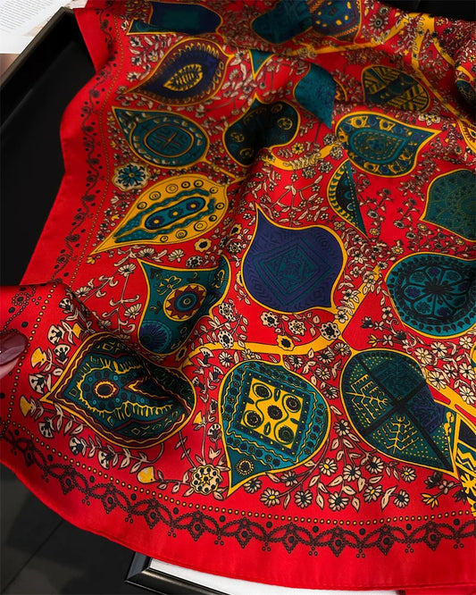alalar-Women Luxury Vintage Print Square Scarf Hijabs Neck Shawl Stylish Women Multi-functional Bandana Neck Protector Simulated Silk Scarf