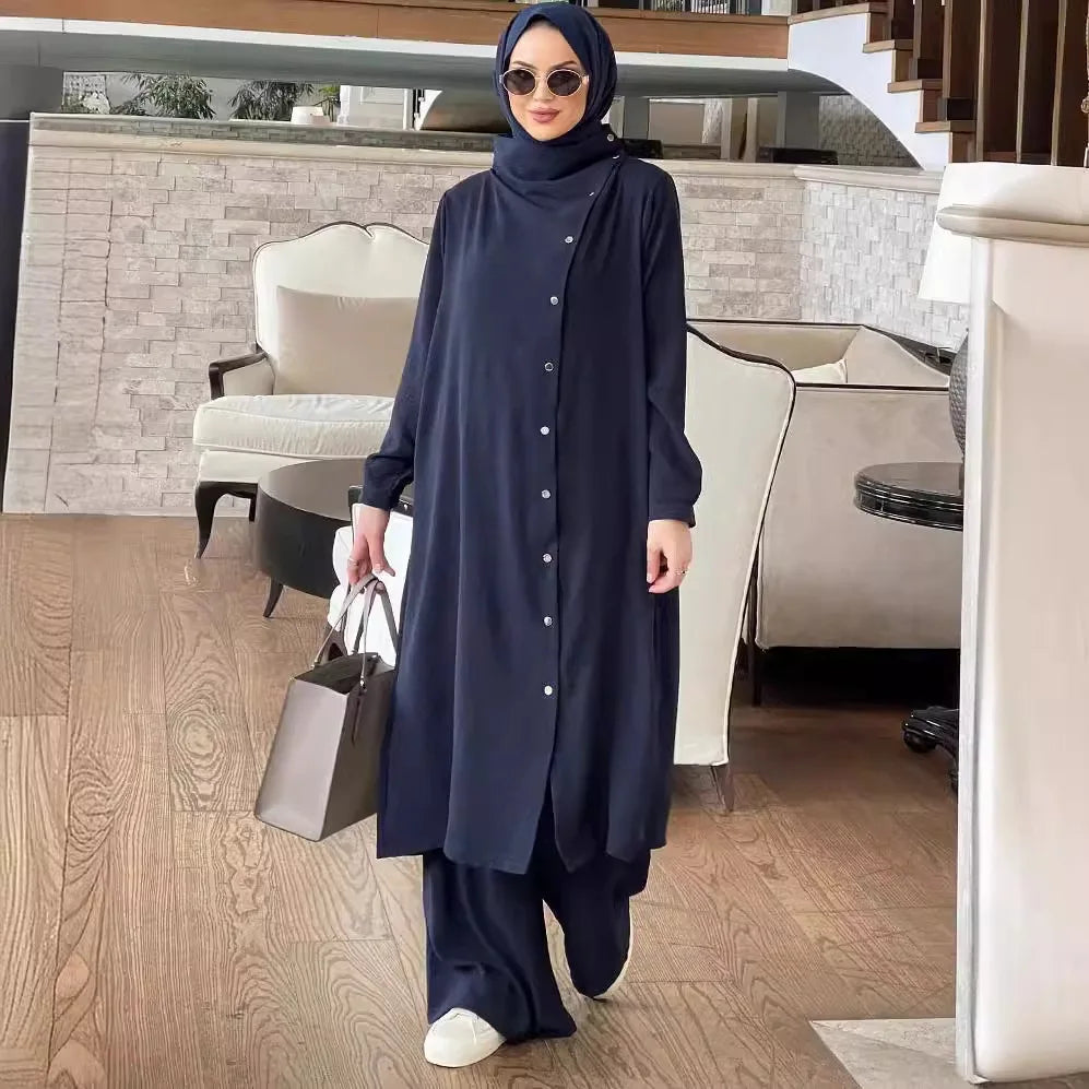 alalar | Vintage Printed Abaya Pants Set – Long Sleeve Modest Outfit for Women
