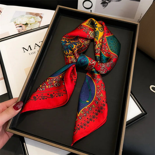 alalar-Women Luxury Vintage Print Square Scarf Hijabs Neck Shawl Stylish Women Multi-functional Bandana Neck Protector Simulated Silk Scarf