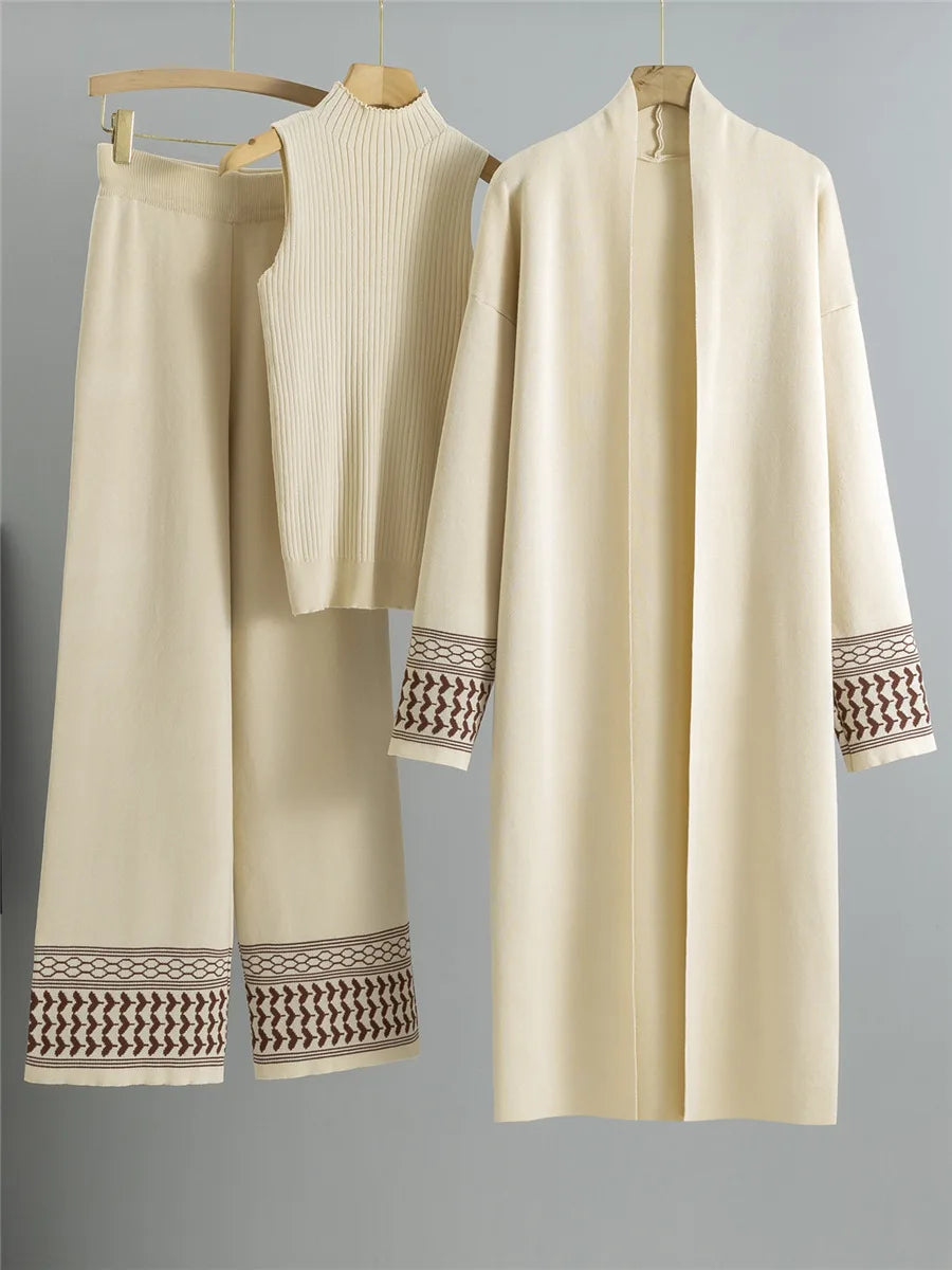 alalar | Korean Knit 3-Piece Set – Vest, Long Cardigan & Wide-Leg Pants