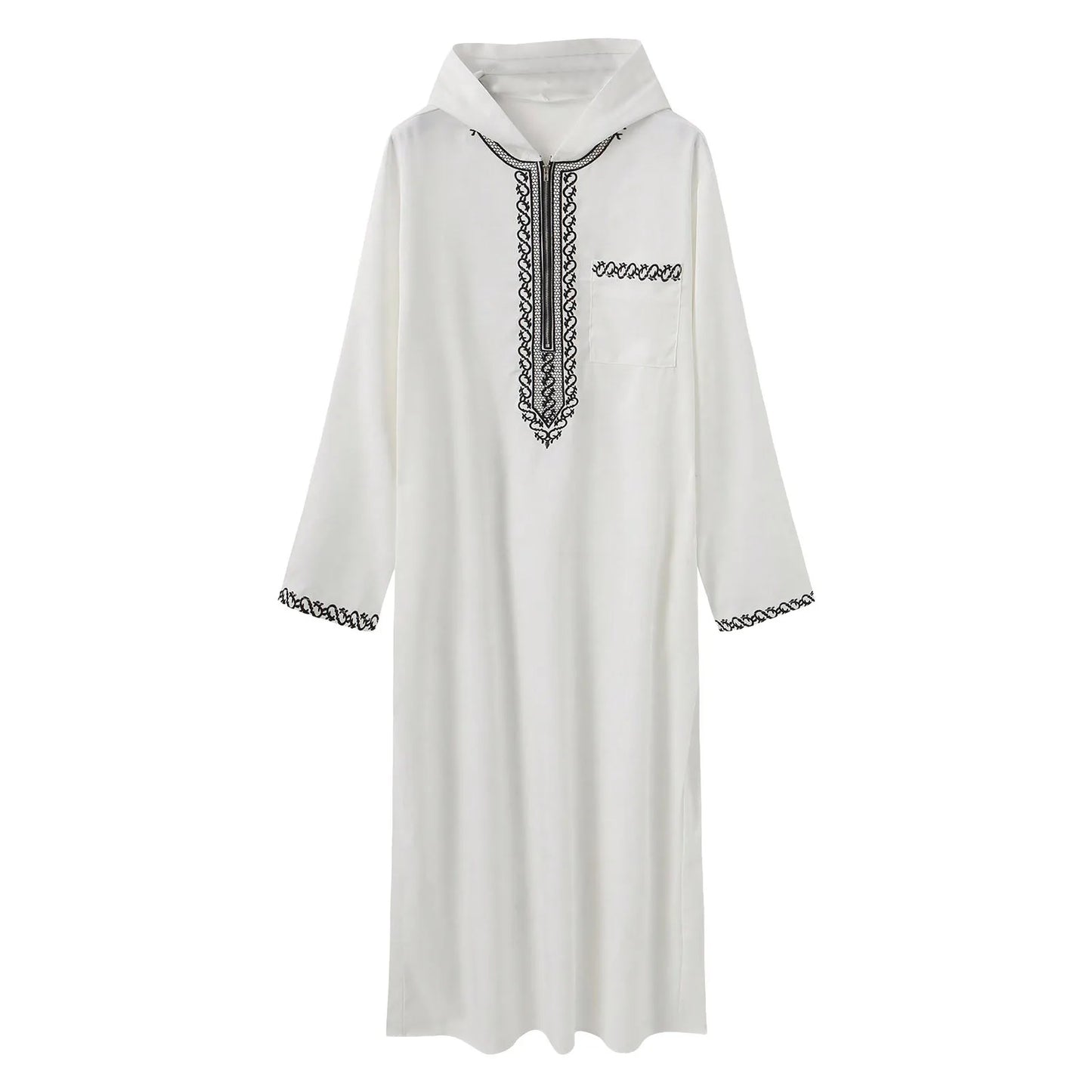 ALALAR | Men’s Hooded Embroidered Abaya – Islamic Long Robe with Half Zipper Middle Eastern Jilbab for Eid