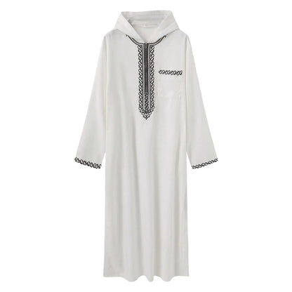 ALALAR | Men’s Hooded Embroidered Abaya – Islamic Long Robe with Half Zipper Middle Eastern Jilbab for Eid