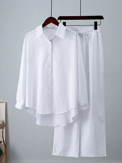 alalar | Summer Loose Two-Piece Set – Wrinkle Shirt & Wide-Leg Pants (Lightweight & Modest)