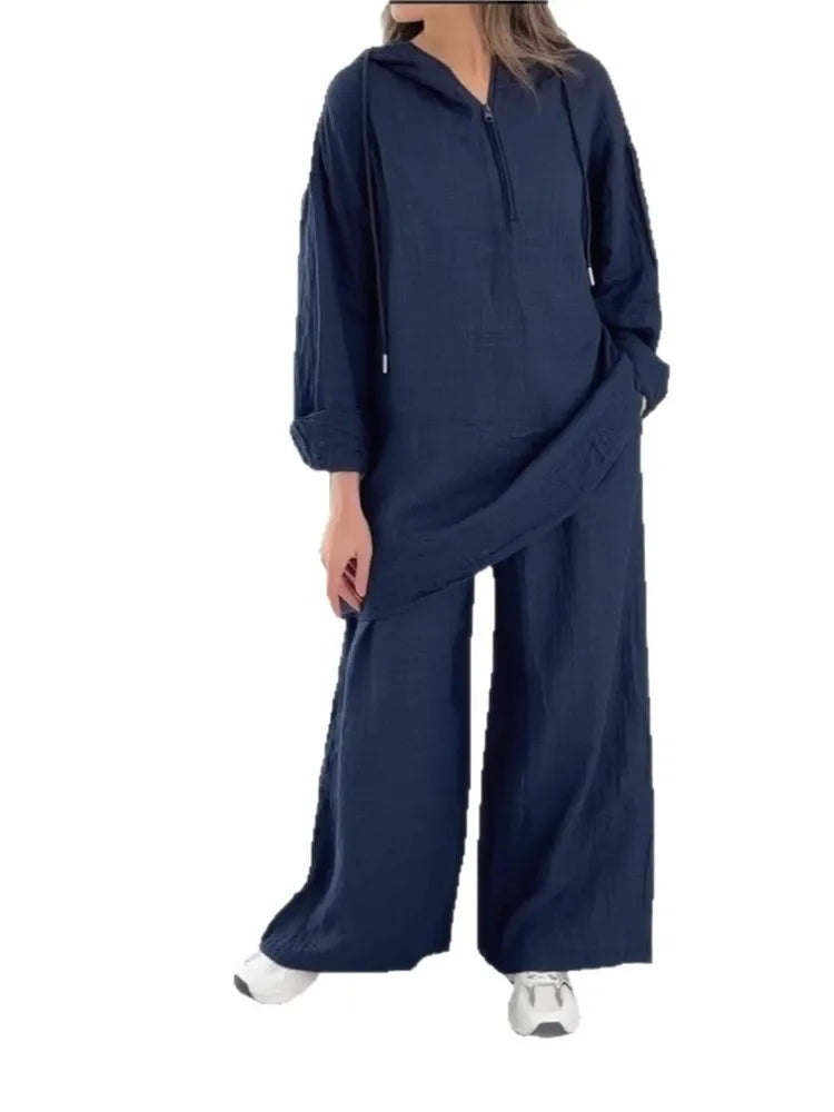 alalar| Hooded Half-zipper Top Wide-leg Pants Set Loose Casual 2-piece Set