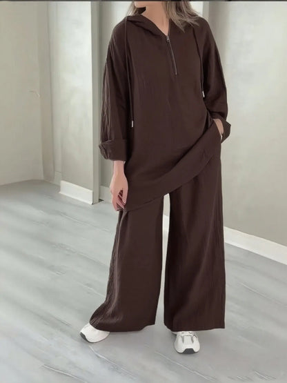 alalar| Hooded Half-zipper Top Wide-leg Pants Set Loose Casual 2-piece Set