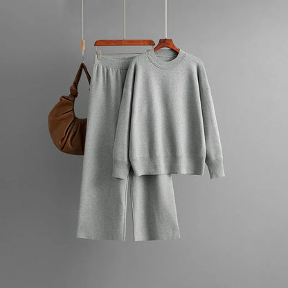 alalar | Knit Sweater & High-Waist Pants Set – O-Neck Long Sleeve Winter Outfit