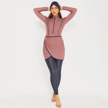 alalar | 3-Piece Modest Patchwork Burkini Swimsuit – Sporty Long-Sleeve Swimwear with Hijab