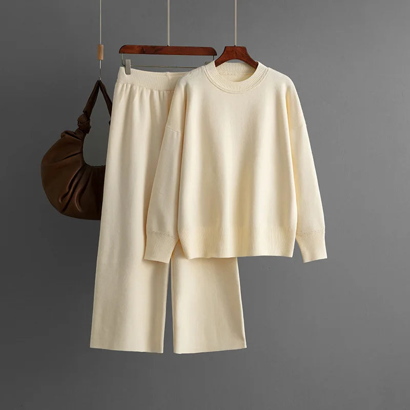 alalar | Knit Sweater & High-Waist Pants Set – O-Neck Long Sleeve Winter Outfit