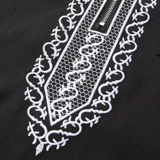 ALALAR | Men’s Hooded Embroidered Abaya – Islamic Long Robe with Half Zipper Middle Eastern Jilbab for Eid