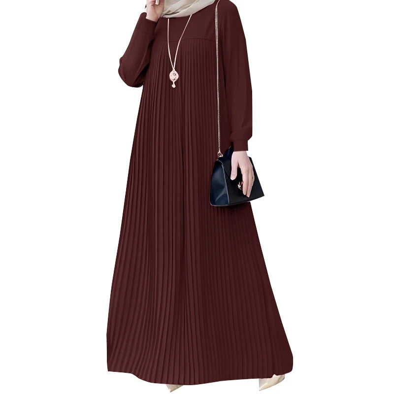 alalar | Modest Pleated Maxi Abaya Dress – O-Neck Long Sleeve Loose Fit (Up to 3XL)