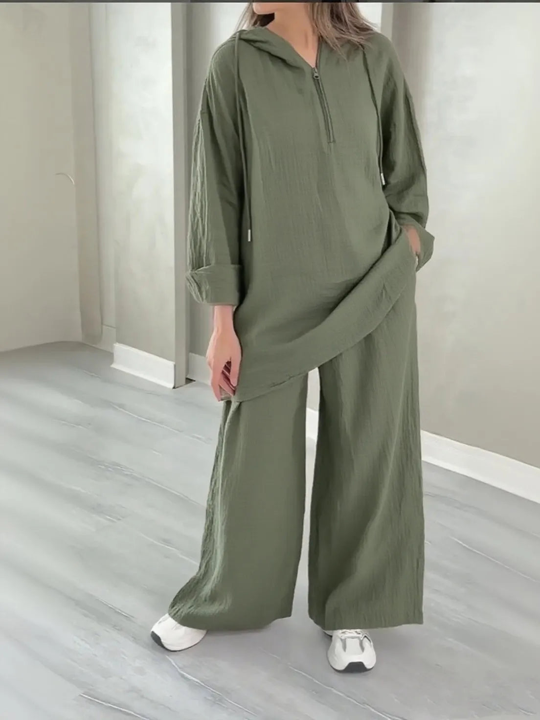 alalar| Hooded Half-zipper Top Wide-leg Pants Set Loose Casual 2-piece Set