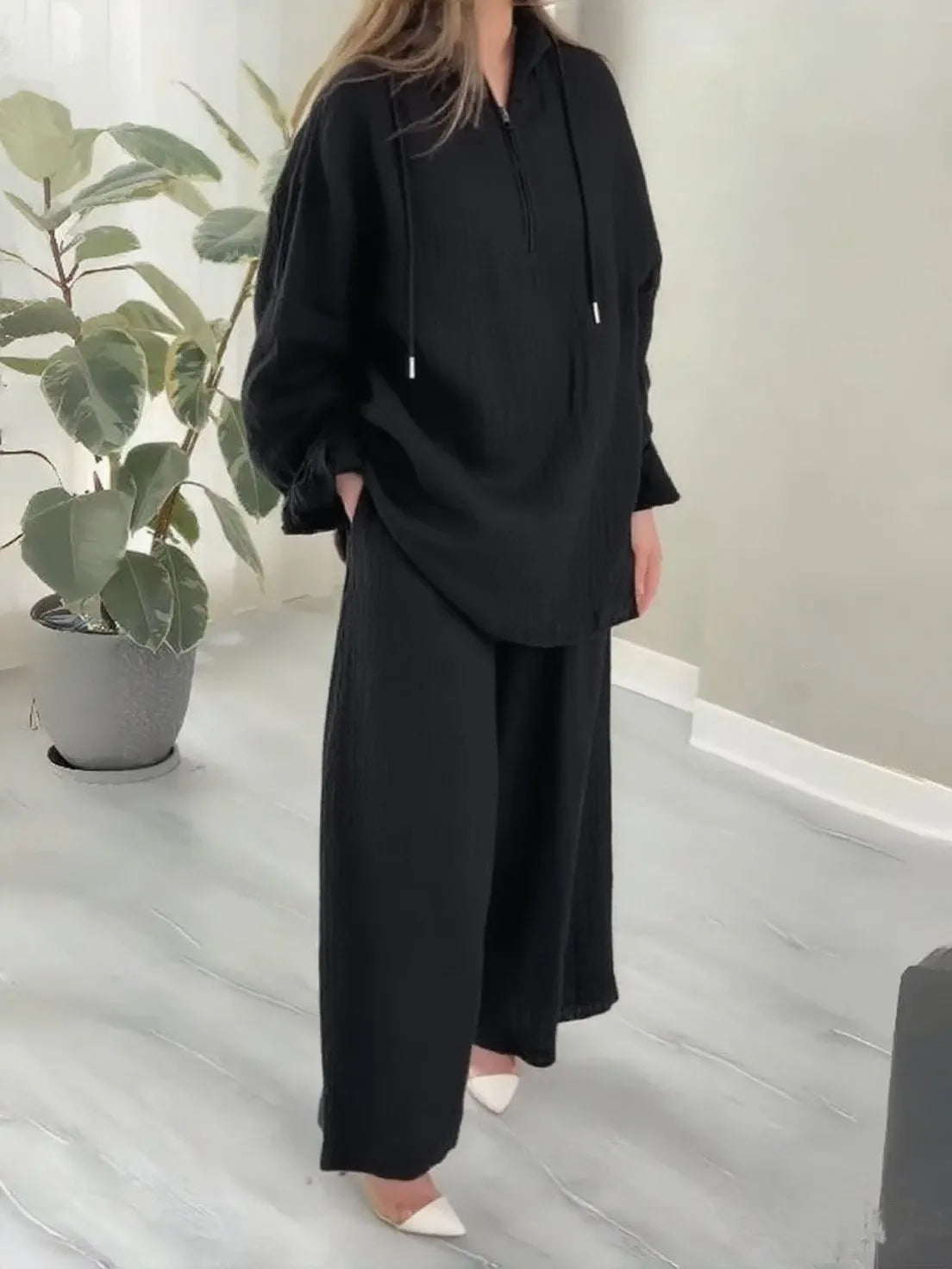 alalar| Hooded Half-zipper Top Wide-leg Pants Set Loose Casual 2-piece Set