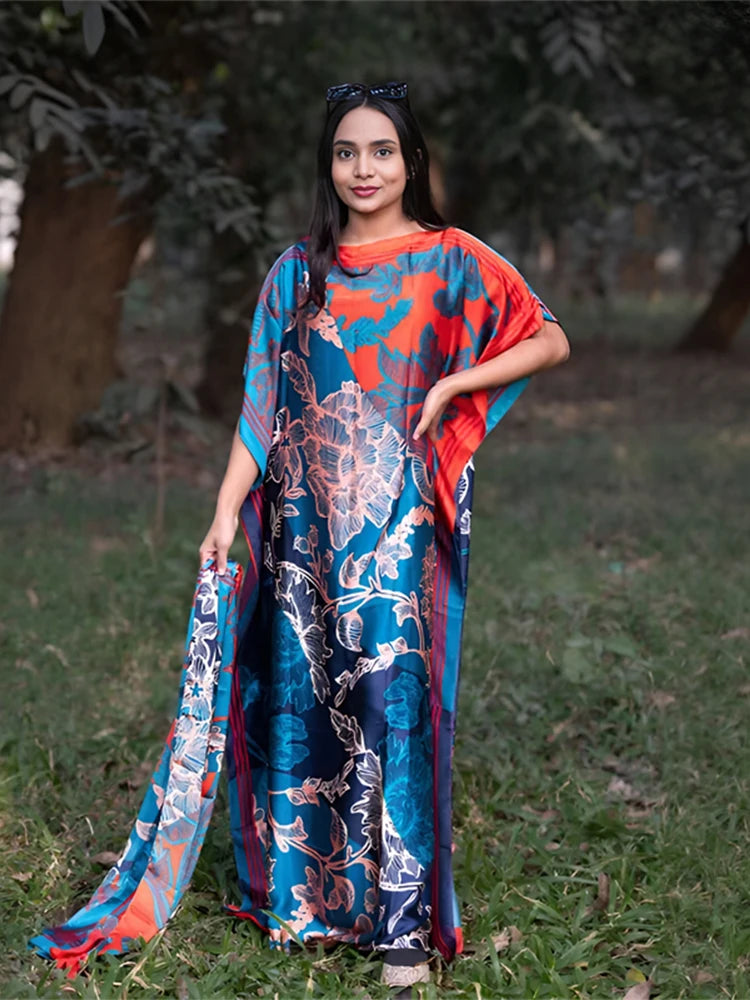 alalar-Scarf-Abaya Muslim Abayas For Women 2025 New Printed Silk Soft Loose Femme Elegant Robe African Maxi Party Dresses With Belt Turban