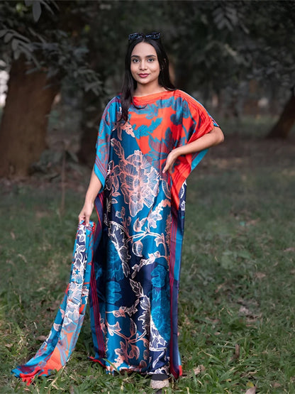 alalar-Scarf-Abaya Muslim Abayas For Women 2025 New Printed Silk Soft Loose Femme Elegant Robe African Maxi Party Dresses With Belt Turban