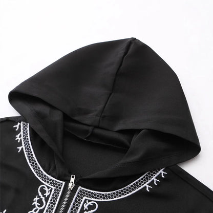 ALALAR | Men’s Hooded Embroidered Abaya – Islamic Long Robe with Half Zipper Middle Eastern Jilbab for Eid