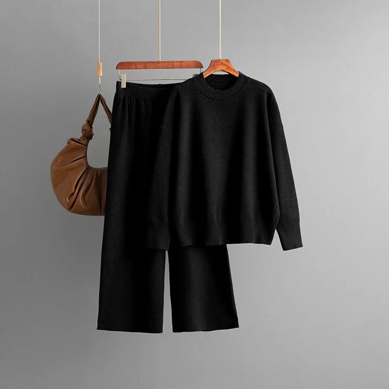 alalar | Knit Sweater & High-Waist Pants Set – O-Neck Long Sleeve Winter Outfit